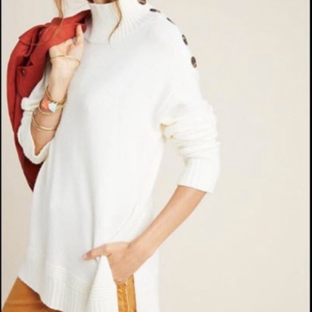 Anthropologie Margarita Minimalist Mock Neck Buttoned Cream Ivory Sweater Small